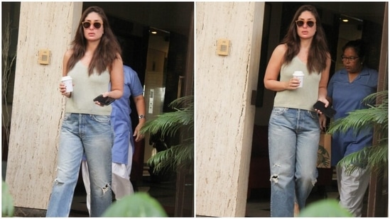 Kareena styled her off-duty outfit with minimal accessories keeping in line with her simple look. She ditched all jewellery and only wore black tinted sunglasses with a contrasting orange frame and beige Louis Vuitton slip-ons.(HT Photo/Varinder Chawla)