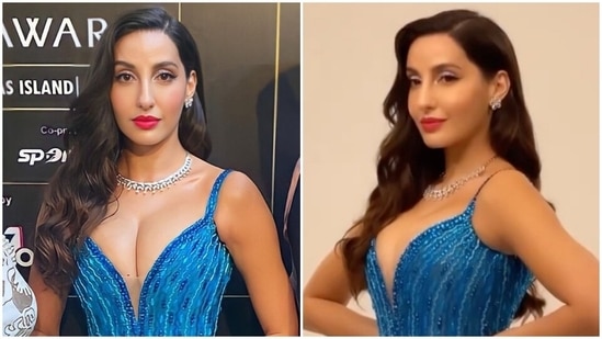 Nora Fatehi steals the spotlight at the IIFA Awards 2022 in shimmery blue thigh-slit gown(Instagram)