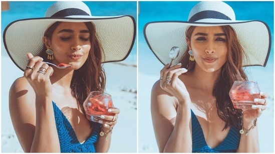 Pooja Hegde in a chic crochet swimsuit is 'mentally enjoying a sorbet on white sandy beach'(Instagram)