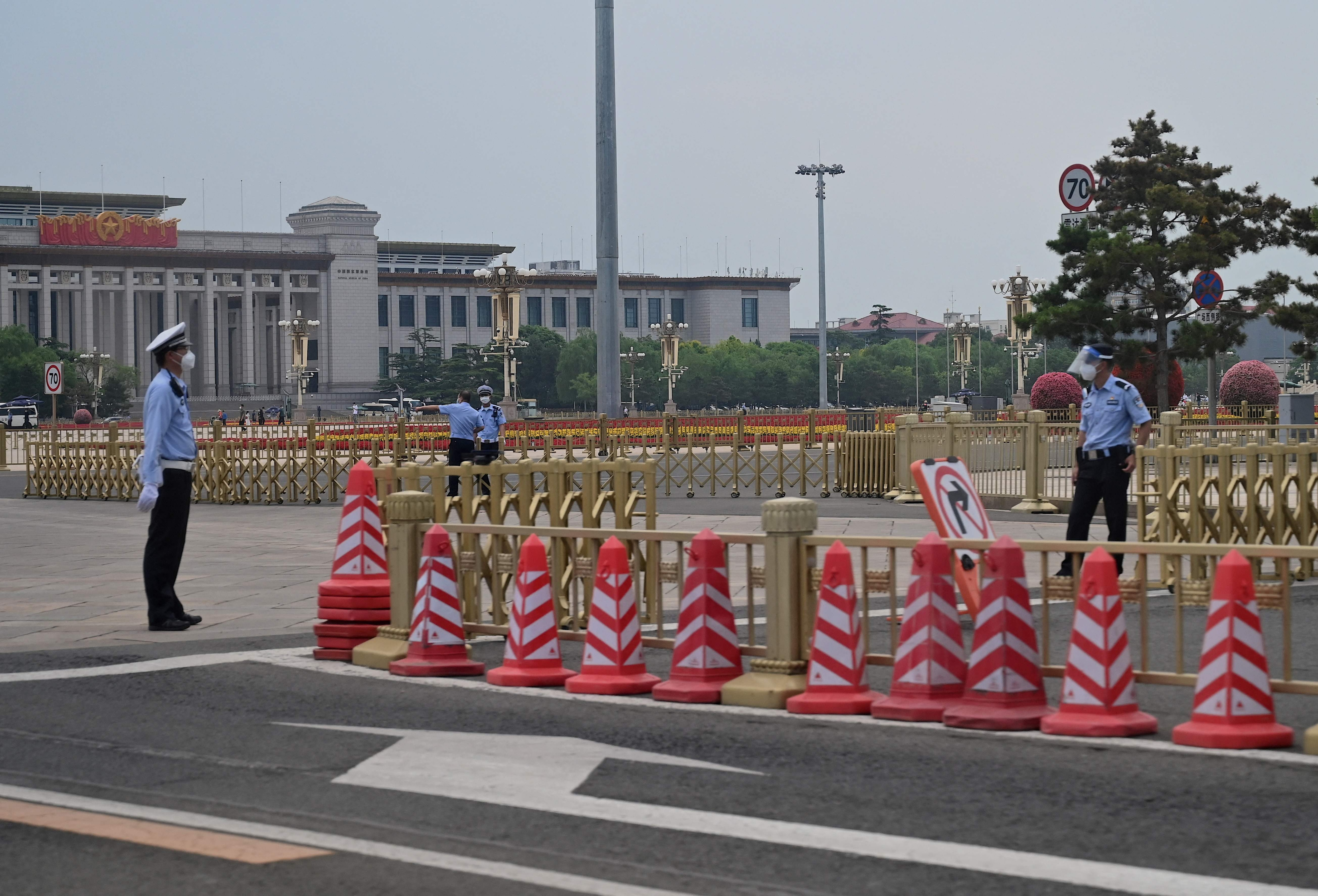 Policemen stand guard in front of the Tiananmen Square during the 33rd anniversary of the June 4, 1989 crackdown on pro-democracy protests, in Beijing on June 4, 2022. (AFP) Policemen stand guard in front of the Tiananmen Square during the 33rd anniversary of the June 4, 1989 crackdown on pro-democracy protests, in Beijing on June 4, 2022. (AFP)