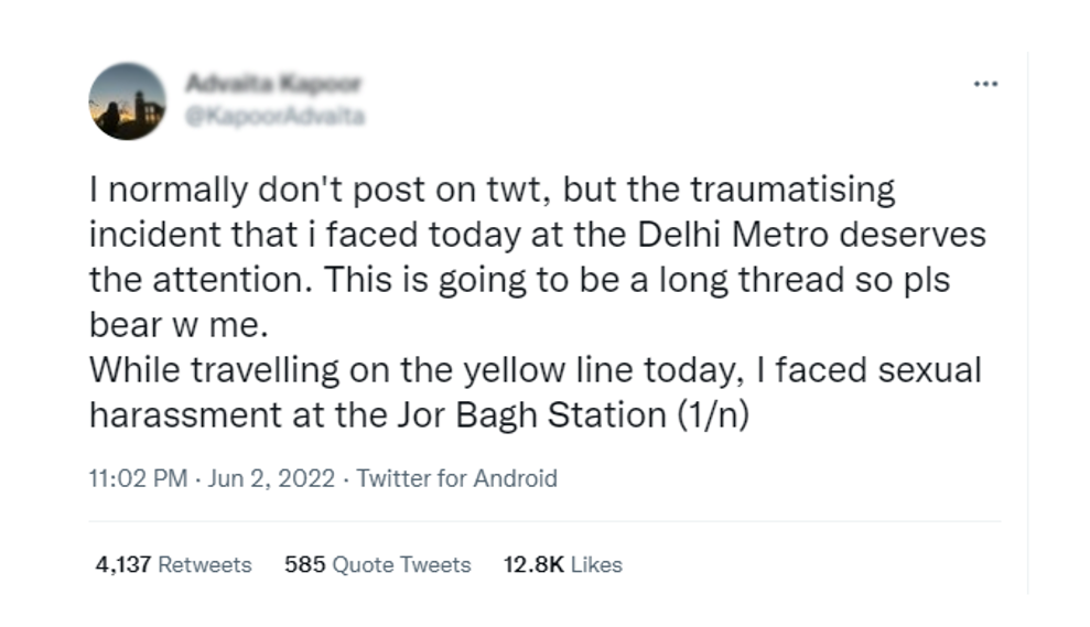 The Delhi-based student recounted her ordeal at the Metro Station, through a series of social media posts. (Photo: Twitter)