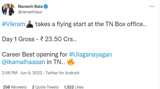 Ramesh Bala shared Vikram's box office figures.&nbsp;