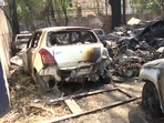Jammu: Vehicles parked at Satwari Police Station gutted in fire that broke out last night.(ANI) Jammu: Vehicles parked at Satwari Police Station gutted in fire that broke out last night.(ANI)