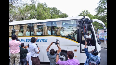Congress legislators have been lodged in Udaipur’s Taj Aravali hotel, where the party had held its Chintan Shivir last month. (PTI) Congress legislators have been lodged in Udaipur’s Taj Aravali hotel, where the party had held its Chintan Shivir last month. (PTI)