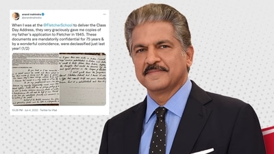 Anand Mahindra tweets his father's application to Fletcher School in 1945. (Facebook/@MahindraGroup) Anand Mahindra tweets his father's application to Fletcher School in 1945. (Facebook/@MahindraGroup)