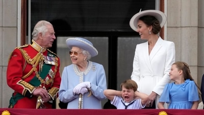Britain's Prince Charles, left, with Queen Elizabeth II, Prince Louis her great-grandson, next to his mother Kate Duchess of Cambridge and Princess Charlotte her daughter, at right, stand on the balcony of Buckingham Palace, London. (AP) Britain's Prince Charles, left, with Queen Elizabeth II, Prince Louis her great-grandson, next to his mother Kate Duchess of Cambridge and Princess Charlotte her daughter, at right, stand on the balcony of Buckingham Palace, London. (AP)