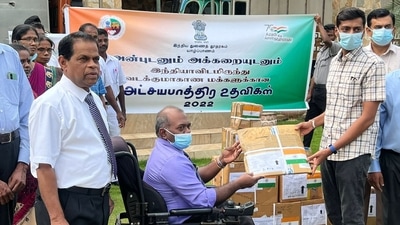The aid was handed over by Consulate General of India, Jaffna Raakesh Natraj to Director (Acting), JTH, Dr Nanthakumar. (Twitter/@PBNS_India) The aid was handed over by Consulate General of India, Jaffna Raakesh Natraj to Director (Acting), JTH, Dr Nanthakumar. (Twitter/@PBNS_India)
