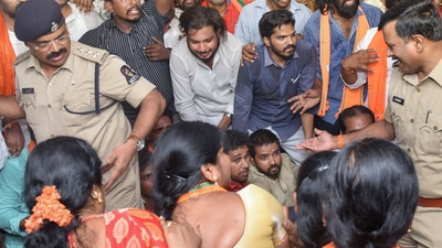 Hyderabad: BJP workers protest inside the Jubilee Hills police station demanding justice to a teenager, who was allegedly gang-raped by schoolboys, in Hyderabad, Friday, June 3, 2022. (PTI Photo) Hyderabad: BJP workers protest inside the Jubilee Hills police station demanding justice to a teenager, who was allegedly gang-raped by schoolboys, in Hyderabad, Friday, June 3, 2022. (PTI Photo)