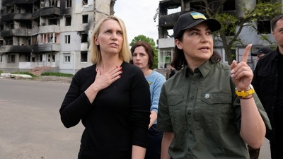 U.S. ambassador to Ukraine Bridget Brink, left, and Ukraine's Prosecutor General Iryna Venediktova tour destroyed areas of Borodyanka, on the outskirts of Kyiv, Ukraine, Saturday, June 4, 2022. (AP Photo/Natacha Pisarenko) U.S. ambassador to Ukraine Bridget Brink, left, and Ukraine's Prosecutor General Iryna Venediktova tour destroyed areas of Borodyanka, on the outskirts of Kyiv, Ukraine, Saturday, June 4, 2022. (AP Photo/Natacha Pisarenko)