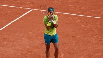 Spain's Rafael Nadal celebrates winning the men's singles final against Norway's Casper Ruud&nbsp; (REUTERS)