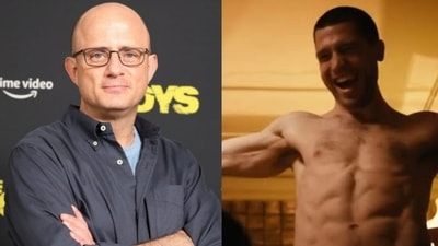 The Boys showrunner Eric Kripke (left) talks about the wild sequence in season 3 involving Brett Geddes' character Termite.