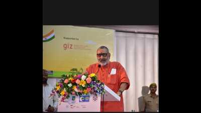 Union Rural Development and Panchayati Raj Minister Giriraj Singh addressing the ‘Conference of panchayats-2022’ at Indira Gandhi Pratishthan in Lucknow on Sunday. (Sourced)
