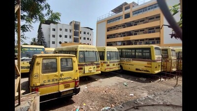 Ahead of schools reopening after vacations, buses seen at Abhinav school campus. (Ravindra Joshi/HT PHOTO)