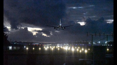 An aircraft lands amid dense clouds during monsoon season, at the Thiruvananthapuram International Airport, on June 1. (PTI) An aircraft lands amid dense clouds during monsoon season, at the Thiruvananthapuram International Airport, on June 1. (PTI)