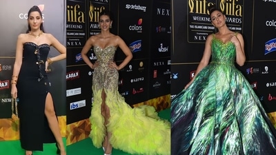 Nora Fatehi, Kriti Sanon and Nargis Fakhri at IIFA Awards. (Varinder Chawla) Nora Fatehi, Kriti Sanon and Nargis Fakhri at IIFA Awards. (Varinder Chawla)