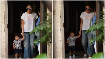Kareena accessorised the casual-chic day-out look with white sliders and funky black tinted sunglasses with white frames. A sleeked back messy updo, bare face, glowing skin, nude pink lip shade, and a hint of blush on the cheeks completed the makeup picks. (HT Photo/Varinder Chawla) Kareena accessorised the casual-chic day-out look with white sliders and funky black tinted sunglasses with white frames. A sleeked back messy updo, bare face, glowing skin, nude pink lip shade, and a hint of blush on the cheeks completed the makeup picks. (HT Photo/Varinder Chawla)