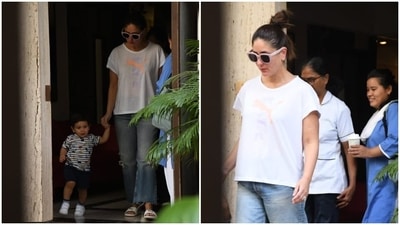Kareena also chose a pair of mom jeans for the occasion. They come in an acid-washed blue shade, distressed details on the knee, frayed details on the flared hem, and a low-rise waistline. (HT Photo/Varinder Chawla) Kareena also chose a pair of mom jeans for the occasion. They come in an acid-washed blue shade, distressed details on the knee, frayed details on the flared hem, and a low-rise waistline. (HT Photo/Varinder Chawla)