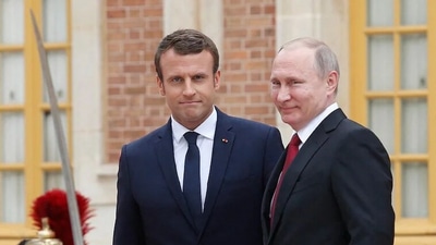 French President Emmanuel Macron with his Russian counterpart Vladimir Putin. (AFP) French President Emmanuel Macron with his Russian counterpart Vladimir Putin. (AFP)