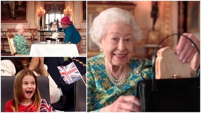 Stills from Queen Elizabeth's video with Paddington Bear. Stills from Queen Elizabeth's video with Paddington Bear.
