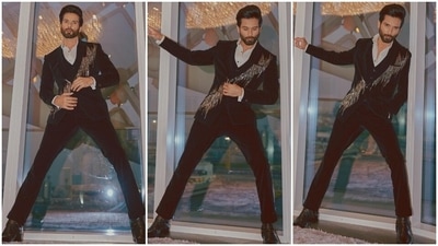 Shahid layered the jacket over a matching buttoned-up waistcoat and straight fit pants. A crisp white button-up shirt with contrast black buttons completed the star's ensemble. (Instagram) Shahid layered the jacket over a matching buttoned-up waistcoat and straight fit pants. A crisp white button-up shirt with contrast black buttons completed the star's ensemble. (Instagram)