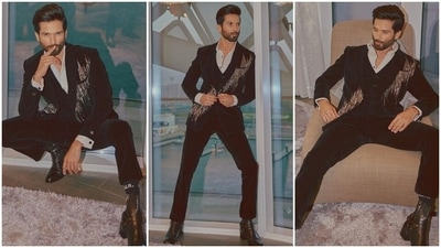 Shahid, too, wore a black three-piece pantsuit for the starry night, and celebrity stylist Anisha Jain styled his look. His ensemble is from the shelves of ace designer Gaurav Gupta's label and comes in a velvety fabric. It features a shawl-lapelled blazer with padded shoulders, long sleeves with gold-toned buttons and shimmering gold embellishments on the front. (Instagram) Shahid, too, wore a black three-piece pantsuit for the starry night, and celebrity stylist Anisha Jain styled his look. His ensemble is from the shelves of ace designer Gaurav Gupta's label and comes in a velvety fabric. It features a shawl-lapelled blazer with padded shoulders, long sleeves with gold-toned buttons and shimmering gold embellishments on the front. (Instagram)
