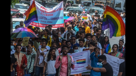 Members of the LGBTQIA+ community at the Pune Pride march which was held at Jungli Maharaj road on Sunday. (Shankar Narayan/HT PHOTO)