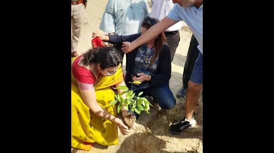 Deputy commissioner (DC) Surabhi Malik planting a sapling on the banks of Sidhwan Canal to mark the World Environment Day in Ludhiana. (HT PHOTO)