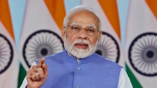 Prime Minister Narendra Modi speaks at the launch of the global initiative 'LiFE MOVEMENT' through video conferencing, in New Delhi on Sunday.(ANI)