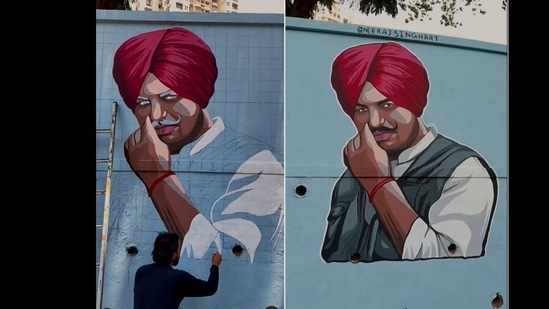 The Mumbai-based artist painted a mural of late Punjabi singer-rapper Sidhu Moose Wala to pay tribute to him. (neerajsinghart/Instagram ) The Mumbai-based artist painted a mural of late Punjabi singer-rapper Sidhu Moose Wala to pay tribute to him. (neerajsinghart/Instagram )