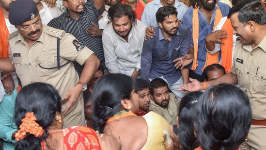 Hyderabad: BJP workers protest inside the Jubilee Hills police station demanding justice to a teenager, who was allegedly gang-raped by schoolboys, in Hyderabad, Friday, June 3, 2022. (PTI Photo)