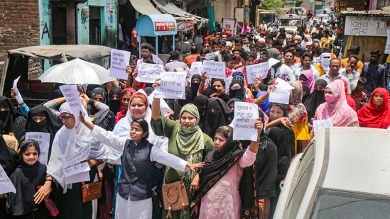 A protest against BJP spokesperson Nupur Sharma over her alleged remarks about Prophet Muhammad, in Kota.(PTI)