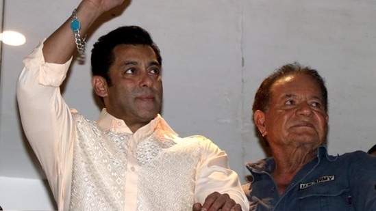 Salman Khan with his father Salim Khan at their Mumbai residence.(ANI)
