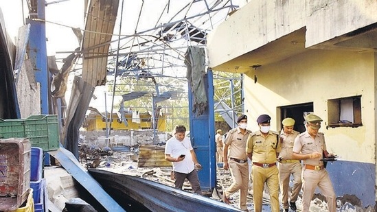 Investigation underway after an explosion inside a factory in Uttar Pradesh’s Hapur on Saturday. (Sakib Ali / HT Photo)(HT_PRINT)