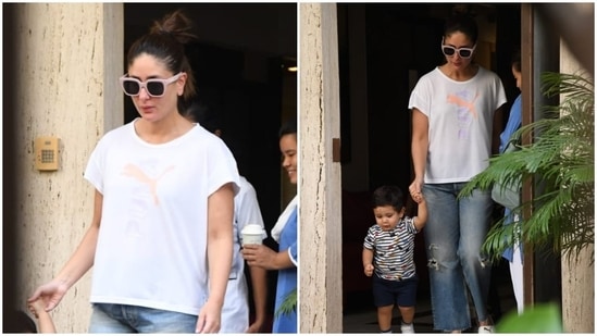 Kareena slipped into a white casual top and denim jeans combo for the outing. Her top comes in a white shade with a printed logo in orange and purple hues placed on the front. It also features a round neckline, droopy shoulders, half sleeves and a loose silhouette for a comfy feel in the summers.(HT Photo/Varinder Chawla)