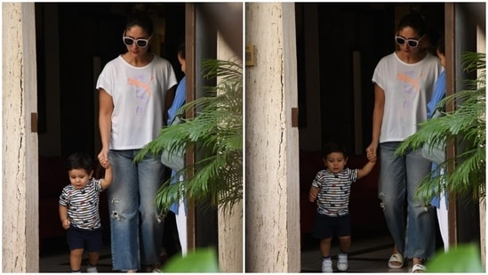 Kareena accessorised the casual-chic day-out look with white sliders and funky black tinted sunglasses with white frames. A sleeked back messy updo, bare face, glowing skin, nude pink lip shade, and a hint of blush on the cheeks completed the makeup picks.(HT Photo/Varinder Chawla)