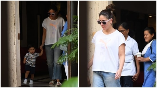 Kareena also chose a pair of mom jeans for the occasion. They come in an acid-washed blue shade, distressed details on the knee, frayed details on the flared hem, and a low-rise waistline.(HT Photo/Varinder Chawla)