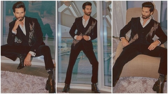 Shahid, too, wore a black three-piece pantsuit for the starry night, and celebrity stylist Anisha Jain styled his look. His ensemble is from the shelves of ace designer Gaurav Gupta's label and comes in a velvety fabric. It features a shawl-lapelled blazer with padded shoulders, long sleeves with gold-toned buttons and shimmering gold embellishments on the front.(Instagram)