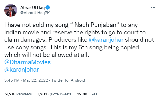 Abrar-ul-Haq also tweeted about the song on May 22.