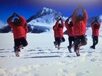The Indo Tibetan Border Police (ITBP) personnel perform Yoga near Mount Abi Gamin in Uttarakhand. The Indo Tibetan Border Police (ITBP) personnel perform Yoga near Mount Abi Gamin in Uttarakhand. 