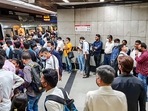 New Delhi: Commuters wait in a queue to board a metro at a platform inside Mandi House metro station after services were delayed on the Blue Line of the Delhi Metro, in New Delhi, Monday, June 6, 2022. (PTI Photo/Subhav Shukla) New Delhi: Commuters wait in a queue to board a metro at a platform inside Mandi House metro station after services were delayed on the Blue Line of the Delhi Metro, in New Delhi, Monday, June 6, 2022. (PTI Photo/Subhav Shukla)
