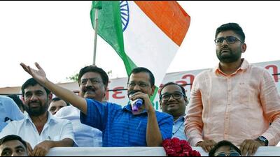 Delhi chief minister Arvind Kejriwal addresses during a Tiranga Yatra for Gujarat assembly elections, in Mehsana on Monday. (Twitter) Delhi chief minister Arvind Kejriwal addresses during a Tiranga Yatra for Gujarat assembly elections, in Mehsana on Monday. (Twitter)