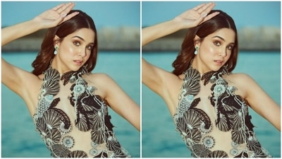 Sharvari’s gown featured a plunging neckline and bodycon details before cascading to a flowy gown at the ankles. The black sleeveless gown also featured intricate embroidery work in silver and white threads. (Instagram/@sharvari)