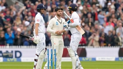 England's Joe Root, left, and England's Ben Foakes speak with New Zealand's Kane Williamson (AP) England's Joe Root, left, and England's Ben Foakes speak with New Zealand's Kane Williamson (AP)
