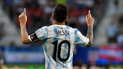 Lionel Messi celebrates scoring his side's third goal during a friendly match against Estonia&nbsp; (AP)