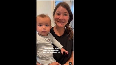 The toddler said the word ‘dog’ as her first word and it is adorable to watch. (thedashleys/Instagram) The toddler said the word ‘dog’ as her first word and it is adorable to watch. (thedashleys/Instagram)