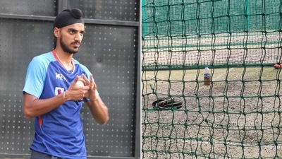 Arshdeep Singh' special yorker training was the highlight of India's first practice session on Monday. (HT Sports) Arshdeep Singh' special yorker training was the highlight of India's first practice session on Monday. (HT Sports)