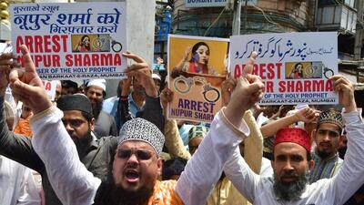 Muslim activists seek action against suspended BJP leader and spokesperson Nupur Sharma during a protest at Bhendi Bazar in Mumbai on Monday. (HT Photo/Bhushan Koyande) Muslim activists seek action against suspended BJP leader and spokesperson Nupur Sharma during a protest at Bhendi Bazar in Mumbai on Monday. (HT Photo/Bhushan Koyande)