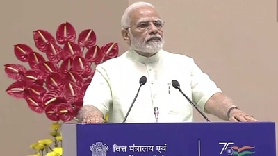 Prime Minister Narendra Modi inaugurates the 'Iconic Week Celebrations' of the ministry of finance and ministry of corporate affairs at Vigyan Bhawan in New Delhi on Monday. (ANI)