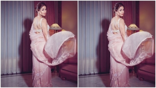 Hina played muse to fashion designer house Shyamal and Bhumika and picked a pastel pink organza saree for the pictures.(Instagram/@realhinakhan)