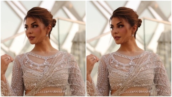 Jacqueline played muse to fashion designer house Falguni Shane Peacock and picked a white embellished saree for the pictures.(Instagram/@jacquelinef143)